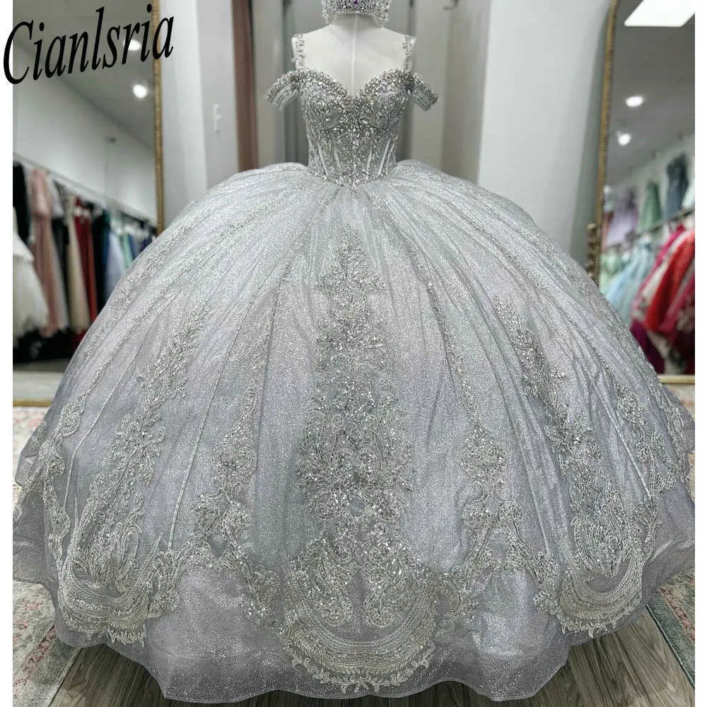 Silver Spaghetti Strap Appliques Lace Ball Gown Quinceanera Dresses Sparkly Crystal Beading Sweet 16 Vestido De 15 Anos