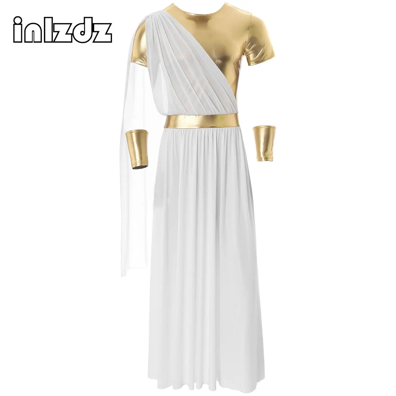 

Man Halloween Ancient Greek Toga Costumes Roman Emperor Medieval Warrior Role Play Tunic Outfit Short Sleeve Metallic Robe Dress