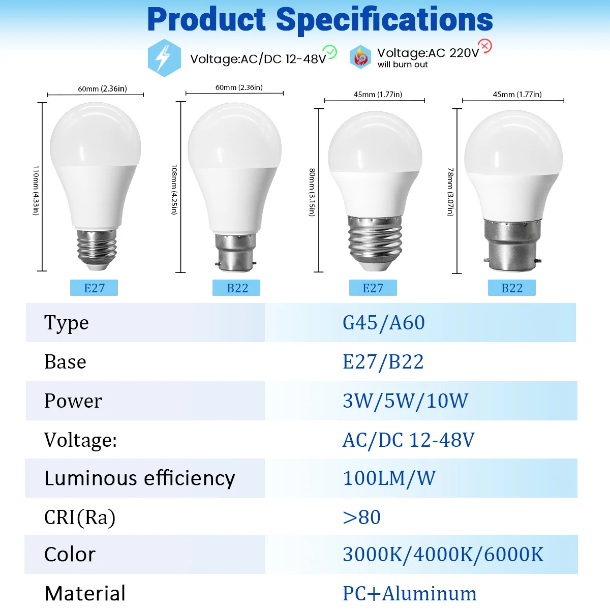 5PCS G45 A60 Light DC AC 12V-48V E27 B22 LED Bulb Lamps 3W 5W 10W Daylight Illa Led Light Bulbs Lamp for Outdoor Lamp