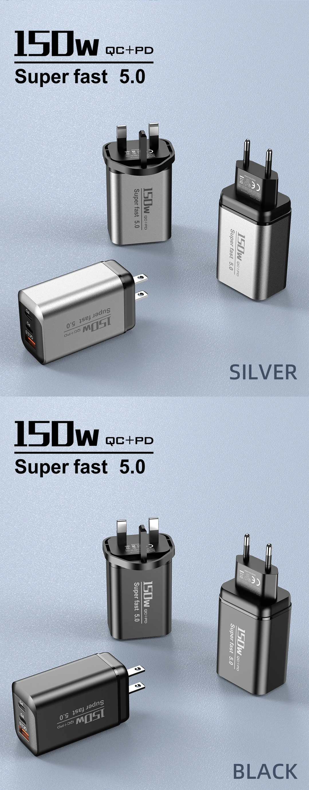 150W Schnellladegerät 3-Port 2PD QC3.0 USB Typ C Netzteil Reise-Ladeblock für iPhone Samsung Xiaomi EU/UK/US-Stecker – Detail 8