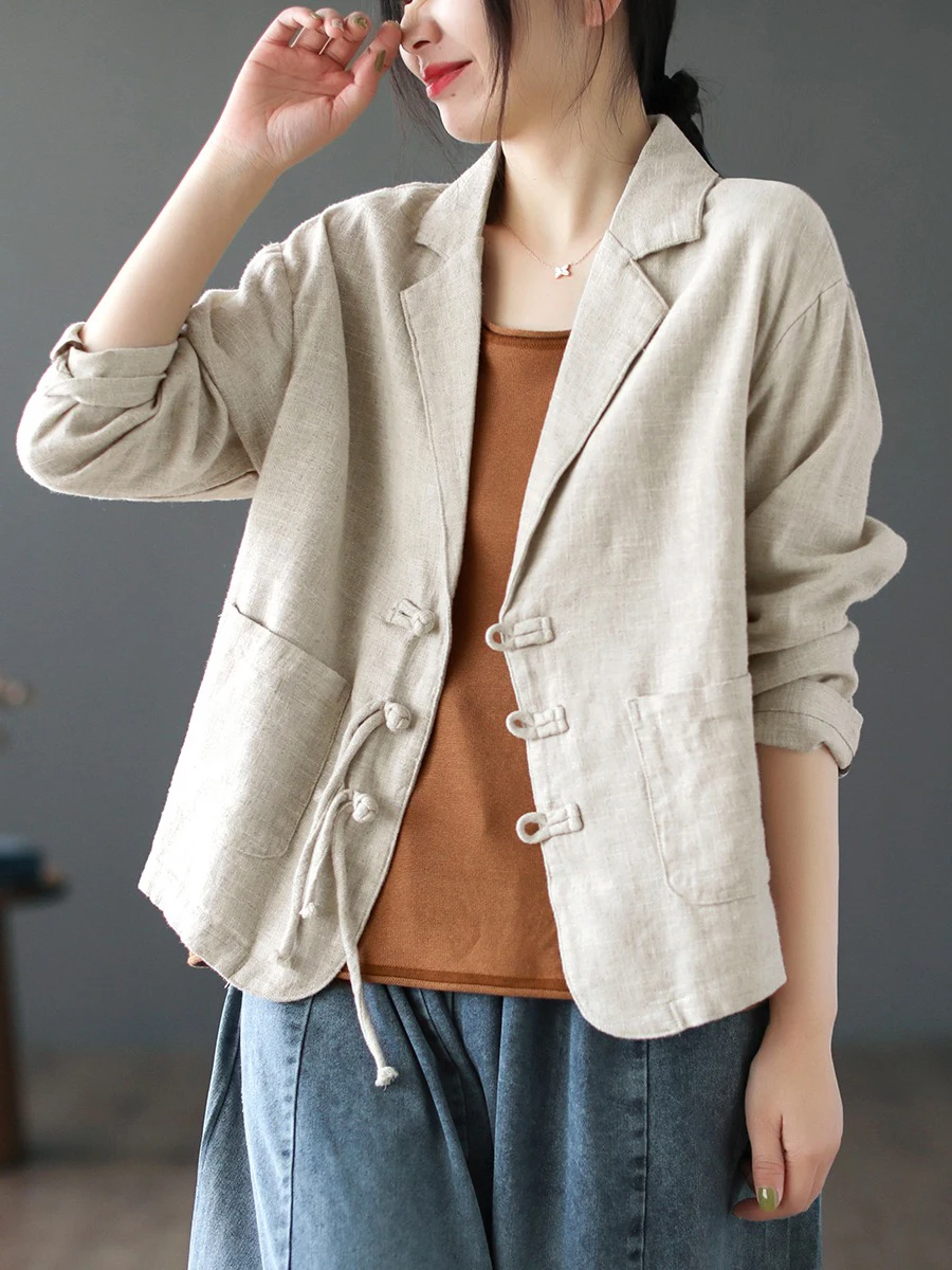 

Casual Loose Cotton Linen Long Sleeve Suit Jacket Women's Outerwear Button up Classic Style Pure Color Summer Fashion