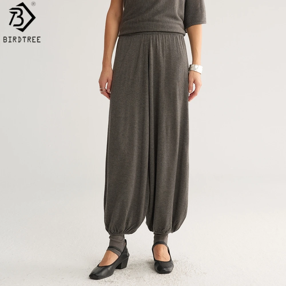 Birdtree, Wool Blended Knitted Lantern Pants,Women's Elastic Waist Casual Cuffed Trousers, 2026 Autumn Loose Pants P68608JF