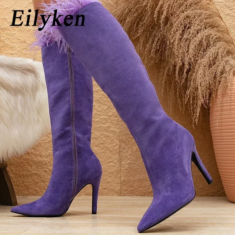 

EilyKen Winter Autumn Faux Fur Pointed Toe Women Knee-High Boots Sexy Stiletto High Heels Nightclub Prom Shoes