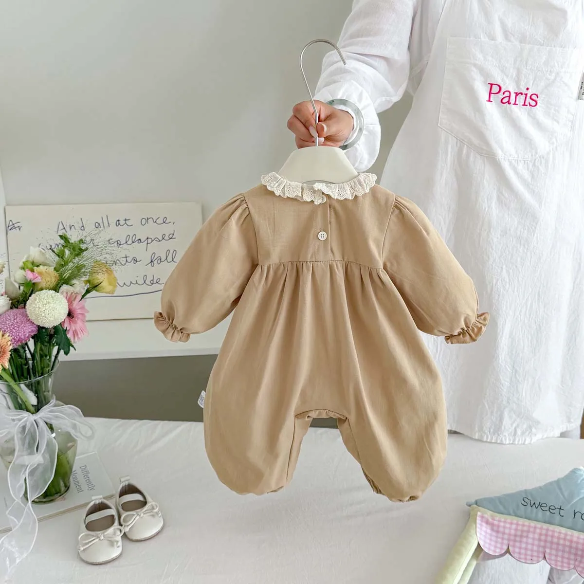 Baby Girl Floral Embroidery Romper Spring Autumn Long Sleeve Lace Collar Romper Newborn Casual Romper Baby Photo Shoot Outfit