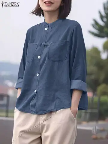 ZANZEA Vintage Long Sleeve Shirts Woman Autumn 2025 Casual Mandarin Collar Button Up Patch Pockets Denim-Like Women Shirt S-3XL