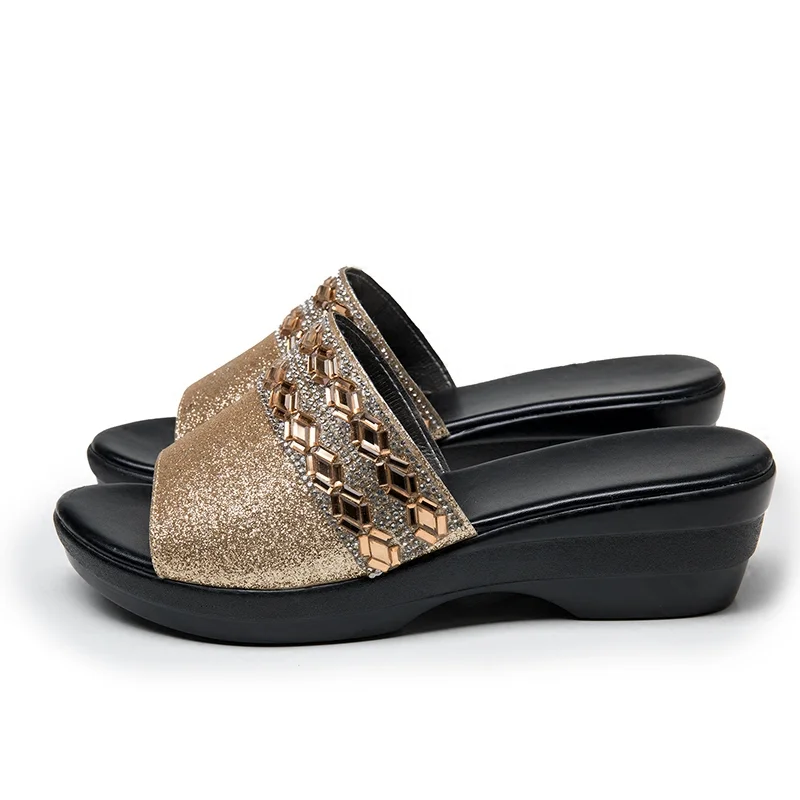 Platform Slippers Women 2024 Summer New Wedges Shoes For Womans Rhinestones  Mother  Elegant Medium Heel Sandals Ladies Shoes