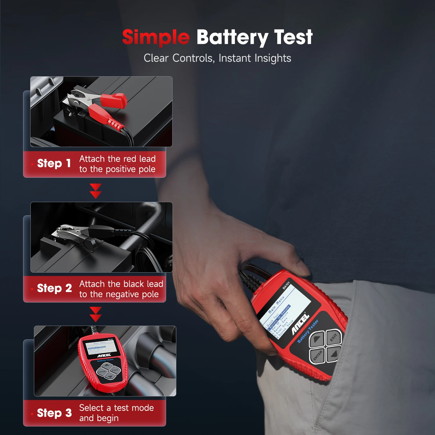 ANCEL BA101 12V Car Battery Tester 100-2000CCA 220AH Charger Battery System Test Car Charging Circuit load Diagnostic Tools