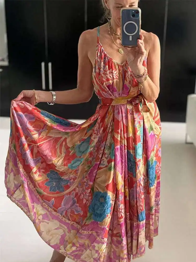 Bohemian Printed Dress Women Vacation Sg A-E Ankle-Length With Belt Dresses Female 2025 Early Spring Boho Casual Lady Robe