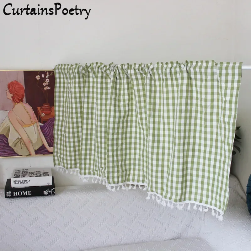 

Buffalo Plaid Short Curtains Retro Sheer Drapes Shabby Elegant Rod Pocket with Tassels Window Treatments for Bedroom Living Room