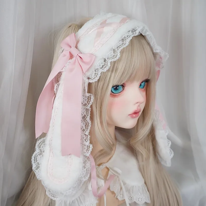 새로운 하라주쿠 이동식 로리타 활 토끼 귀 헤어 액세서리 부드러운 소녀 귀여운 달콤한 플러시 레이스 헤드 피스 메이드 JK 코스프레 머리띠