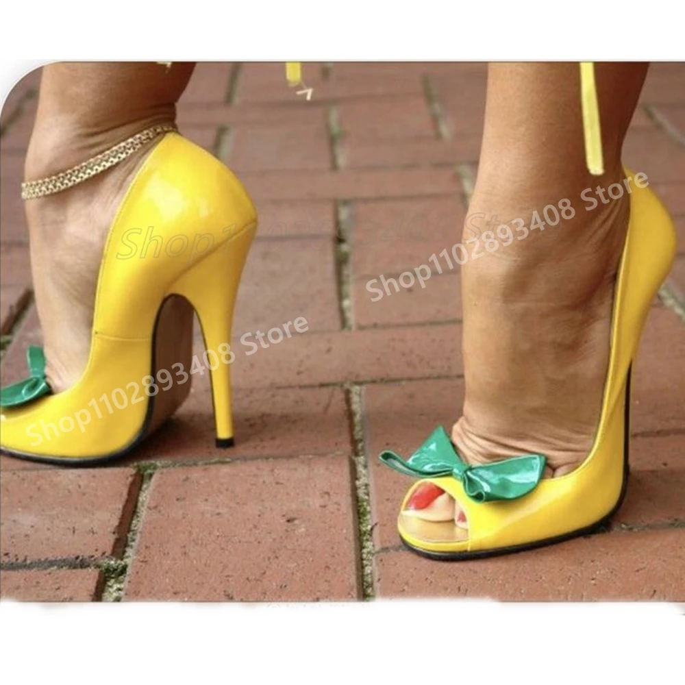 

Yellow Butterfly Knot Peep Toe Shallow Pumps Sexy Stiletto High Heel Shiny Leather Women Shoes 2025 Summer Party Para Mujere