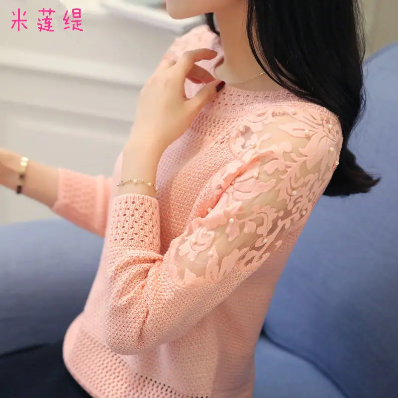 Woman Sweaters Thin Loose Hollow Beading Women\'s Clothing Lace Sweater Spring Crew Neck Pullover Femme Chandails Pull Hiver