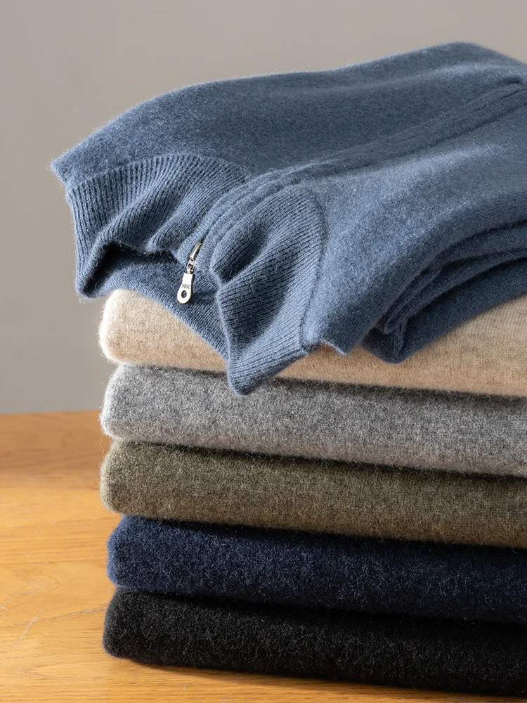 New Men 100% Cashmere Sweater Mock Neck Zipper Pullover Autumn Winter Soft Warm High Quality Smart Casual Cashmere Knitwear Tops