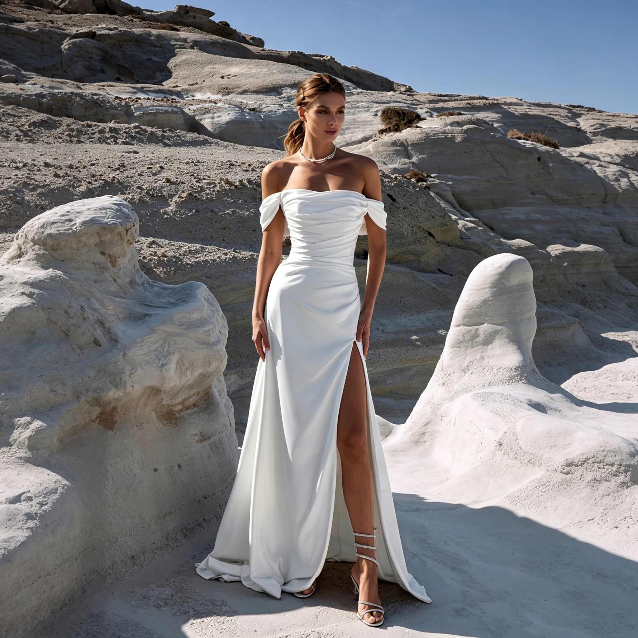 Luxuriöses schulterfreies Satin-Meerjungfrauen-Brautkleid mit Raffungen, hohem Schlitz, Schnürung am Rücken und Schleppe – Maßanfertigung Plus Size Brautkleid