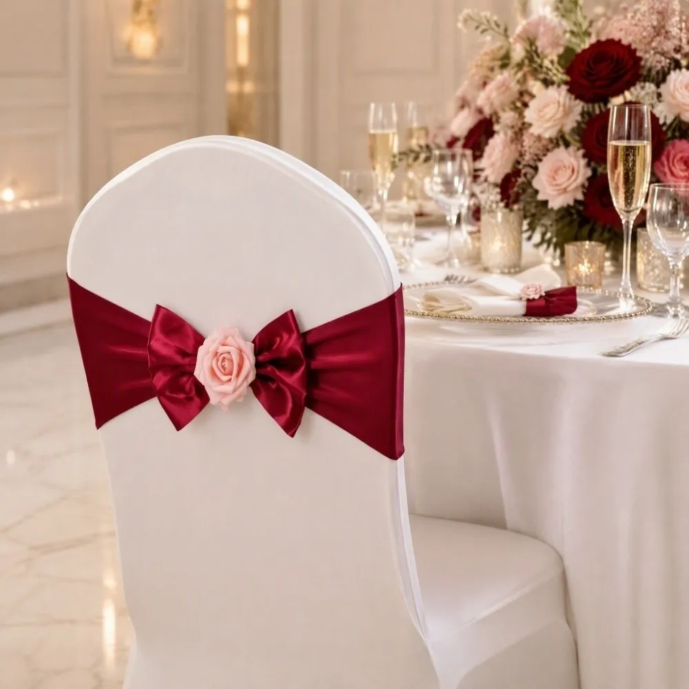 2pcs Creative Vintage Satin Chair Sashes Band Reusable Elastic Chair Bow Tie Rose Multicolor Chair Back Flower Party Event