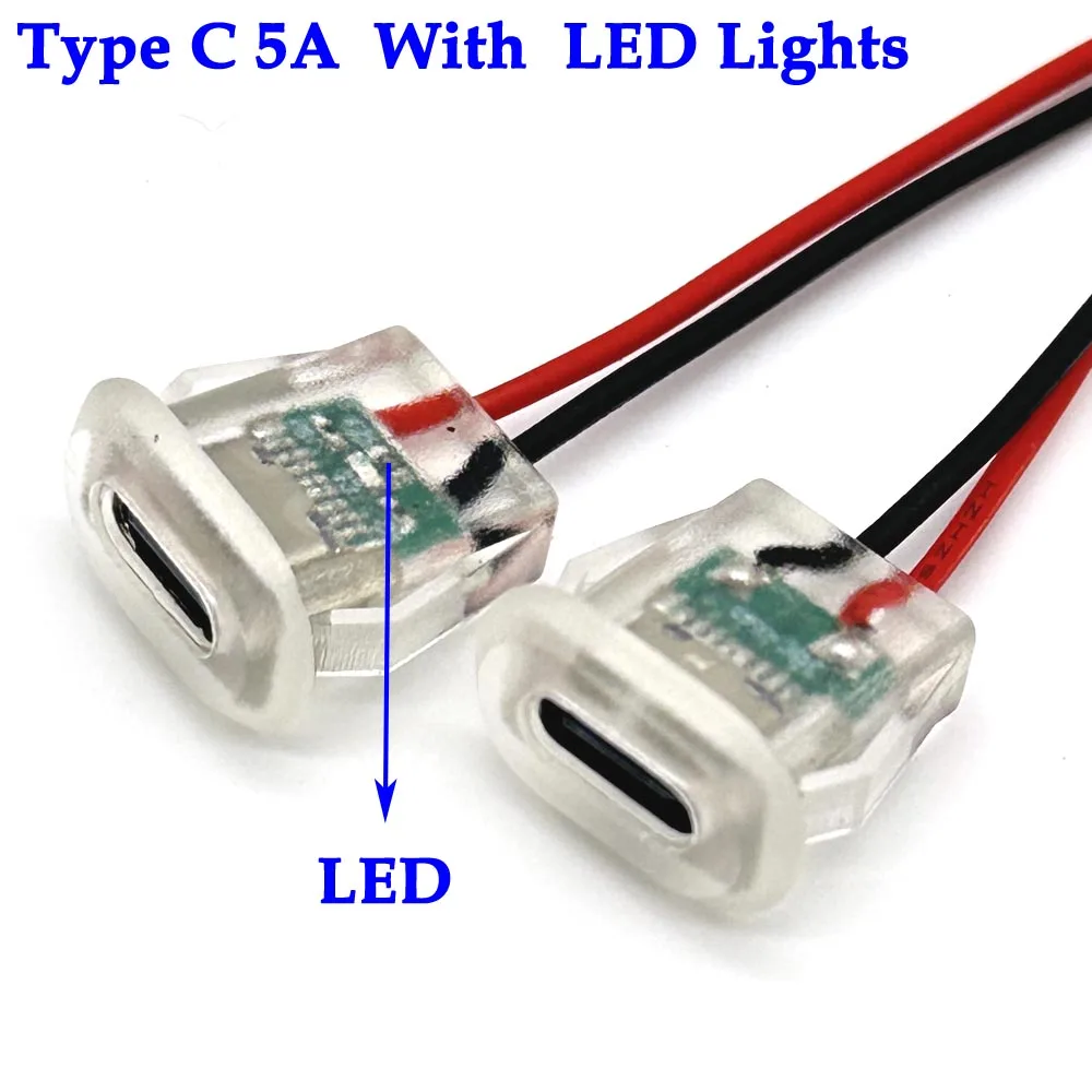 USB-C 5A High Current Charging Socket With LED lights Plate USB C TYPE-C Female Type C Waterproof 2P Female Connector Jack