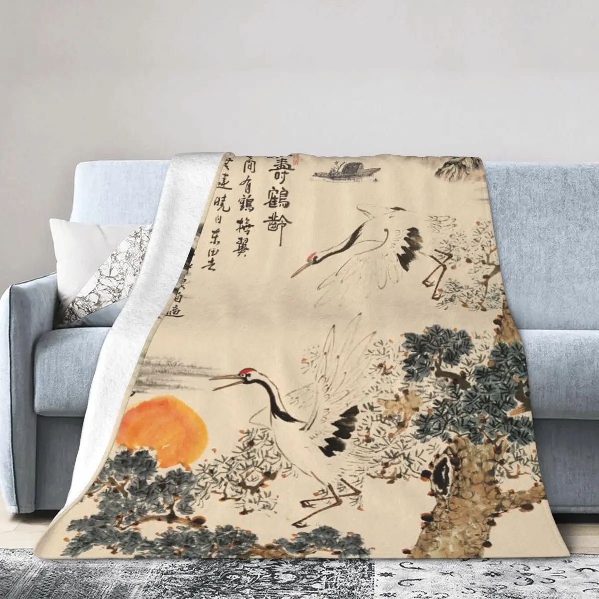Vintage Ink Red-crowned Crane Pine Poem Scroll Light Base Flannel Throw Blanket,Warm Cozy Blanket,Elegant Decor Gift For Bedroom