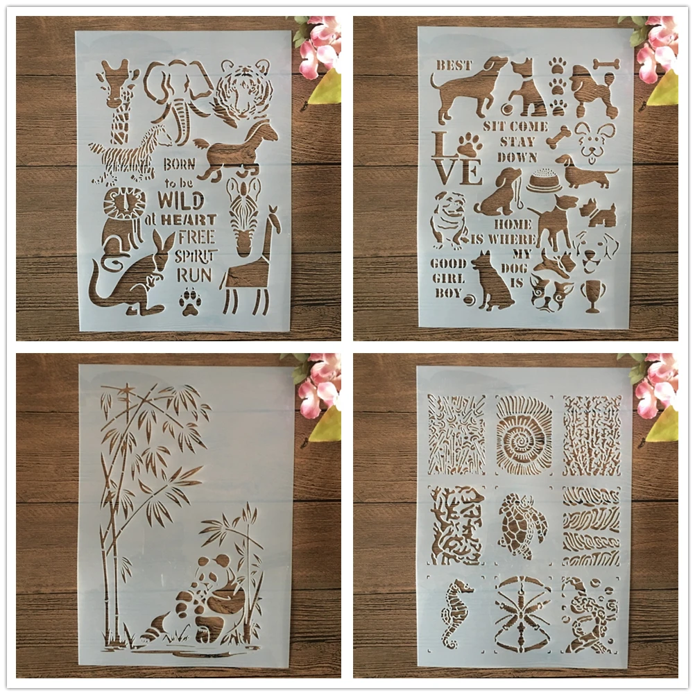 4Pcs A4 29cm Animals Dogs Pet Marine DIY Layering Stencils Wall Painting Scrapbook Coloring Embossing Album Decorative Template