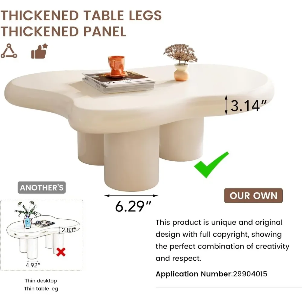 Cloud Coffee Table, Modern White Coffee Table for Living Room, Cute Irregular Indoor Tea Table with 3 Legs, Easy Assembly (White