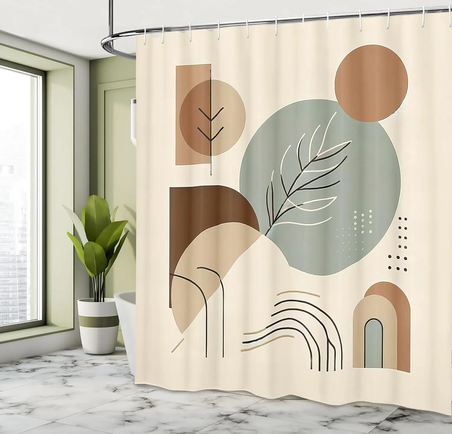 Modern Shower Curtain, Mid Century Boho Minimalist Roundy Shapes Arch Sun and Leaves Abstract, Cloth Fabric Bathroom Decor Set