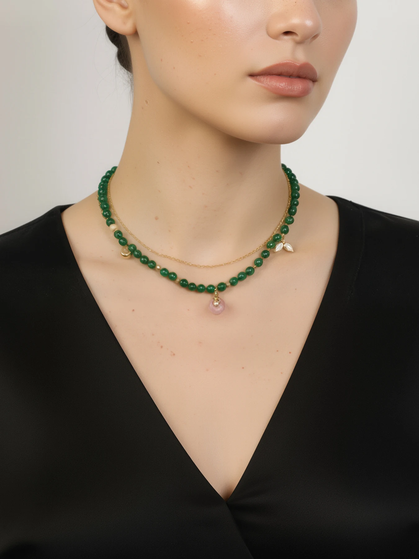 Women Chinese Style Jade Bead Layered Necklace Gold Chain Pink Peace Buckle Pendant Choker Jewelry