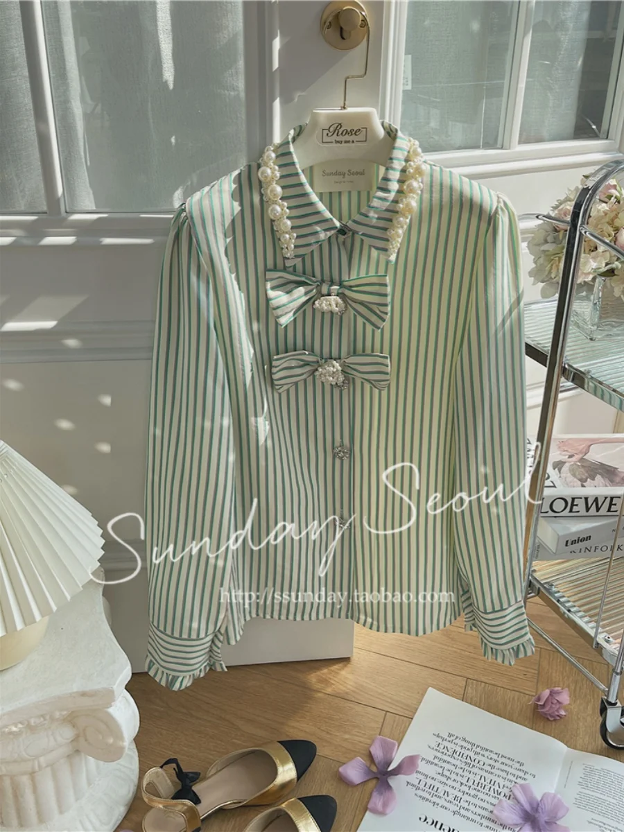 French Style Retro Green Striped Pearl Shirt 2024 Autumn New Fashion Polo Collar Long Sleeve Loose Temperament Blouse Women Top