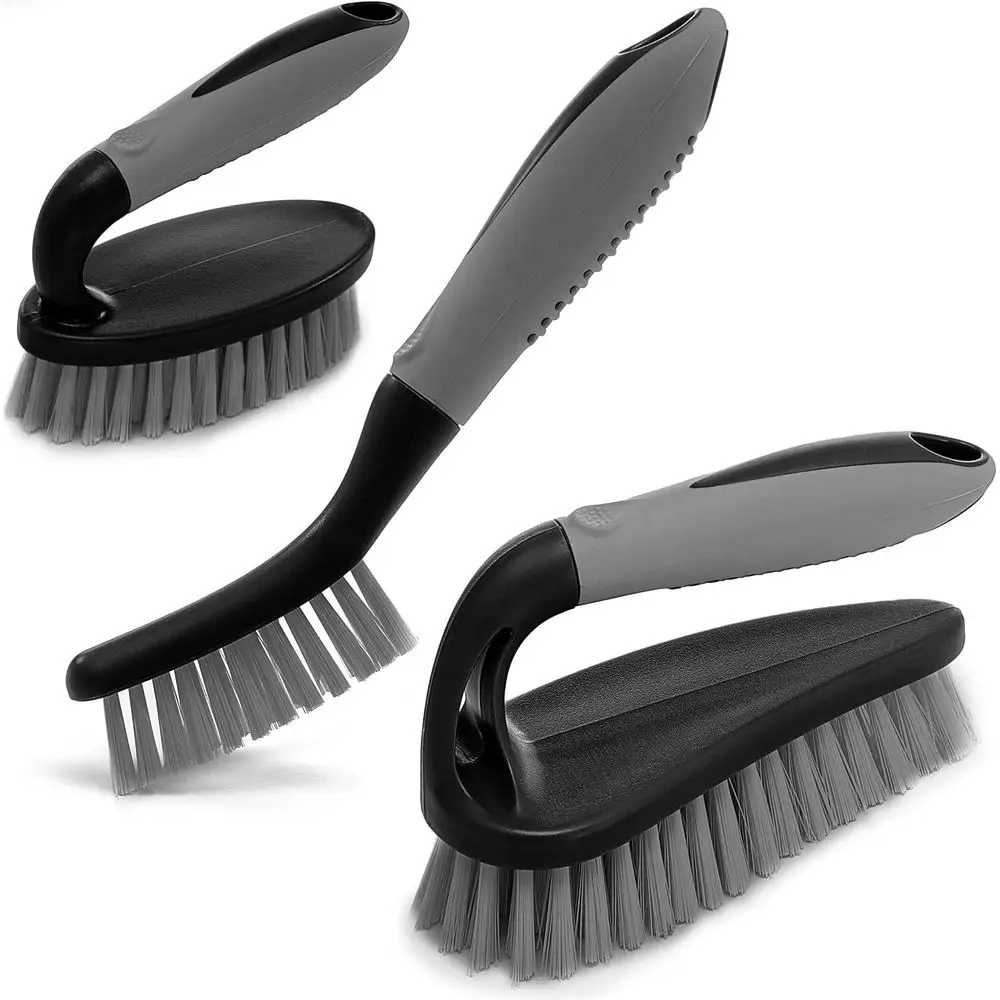 

3-Piece Scrub Brush Set - Ergonomic Shower Cleaner with Durable Bristles for Grout, Bathroom, Shower, Kitchen, Floor, Bathtub, a