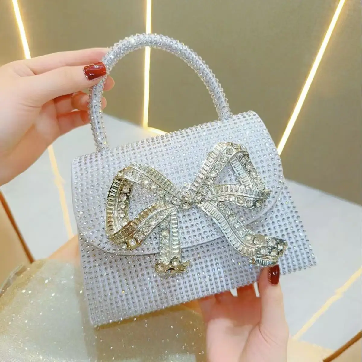 Glitter Shiny Rhinestones Diamond Evening Bag Luxury Metal Bow Knot Satin Women Handbag Wedding Party Clutch Purse Crossbody Bag