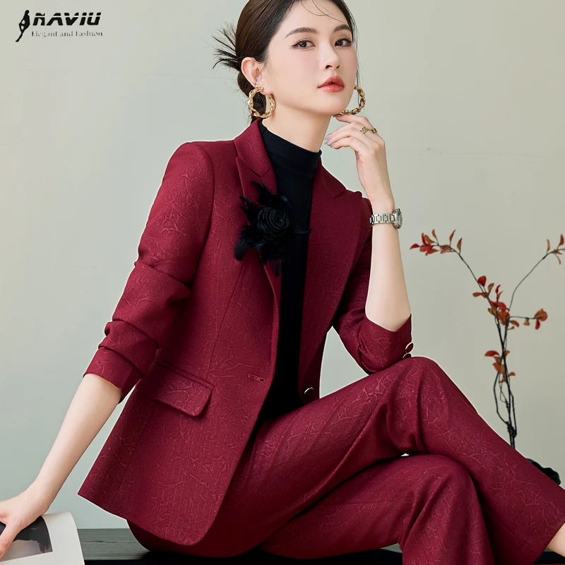 

NAVIU Fashion Women Suits New High End Temperament Business Casual Slim Blazer And Pants Office Lady Work Wear Send chest flower