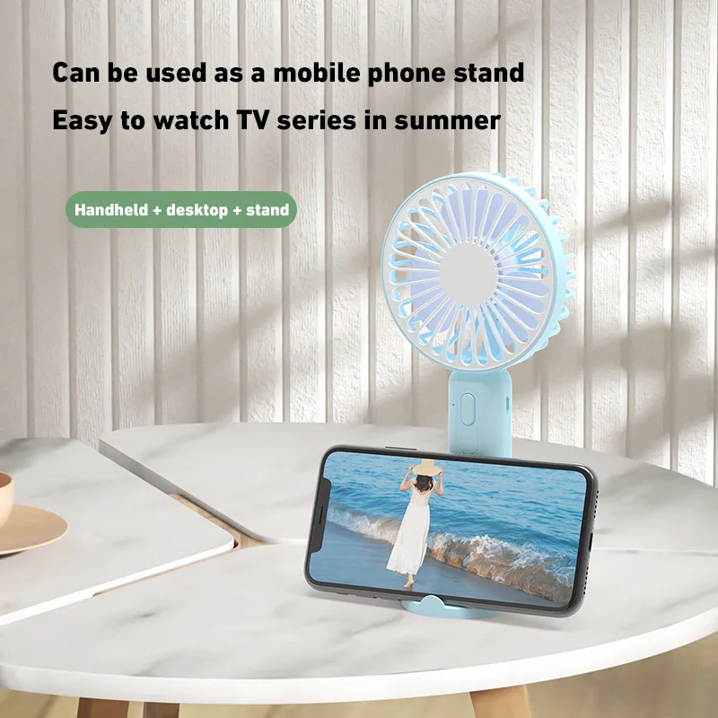 Small Electric Fan Office Desktop Multifunctional Folding Headed Portable Fan USB Mini Three-color High Wind Pocket Fan