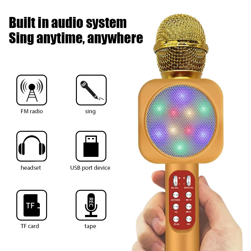 Multifunctional Microphone for Kids Singing 5 in 1 Wireless Bluetooth Microphone with LED Lights Portable Mic Speaker Gifts