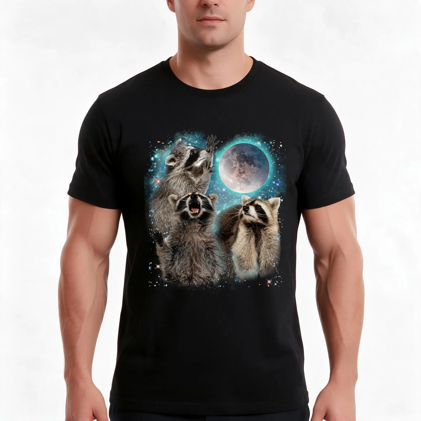 3 Racoon Moon Howling Raccoon Head Funny T-Shirt, Summer Casual Cotton Tee, Oversized Streetwear Tops, Vintage Graphic Print