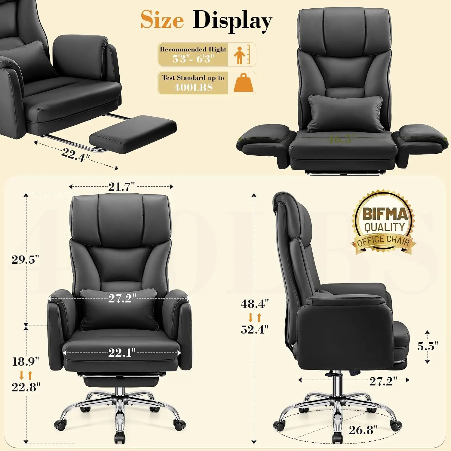 Wide Leather Executive Office Chair, 400LBS High Back Reclining Desk Chair with Reversible Armrest & Footrest, Black, Customized