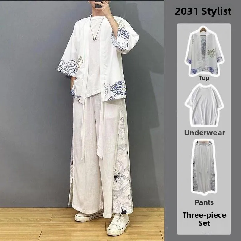 

Ice Silk Tee-Piece Set Youthful Daoist Robe Tang Costume Men's Fairy Aosphere Ancient Clothes Summer Improved Hanfu Casua...