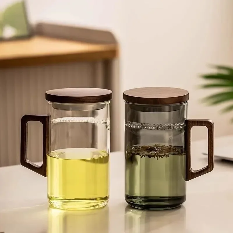 

Tea Cup With Crescent Moon Filter Japanese Wooden Handle Heat-resistant Glass Cups Tea Leaf Separation Tea Cup Set