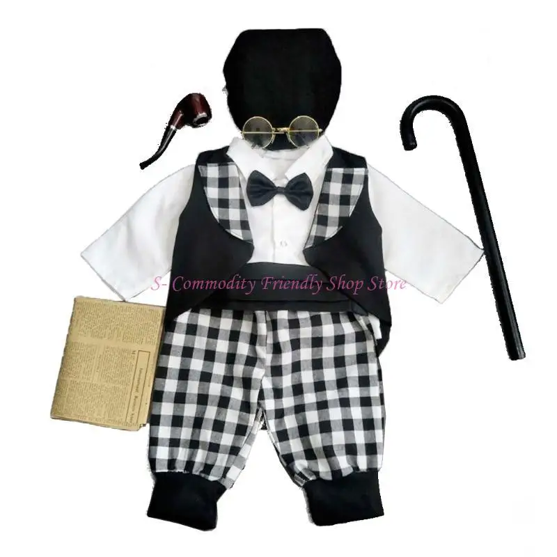 85AE Cosplay Grandpa Hat Clothes Costume Infant Baby Boys Photo Outfits