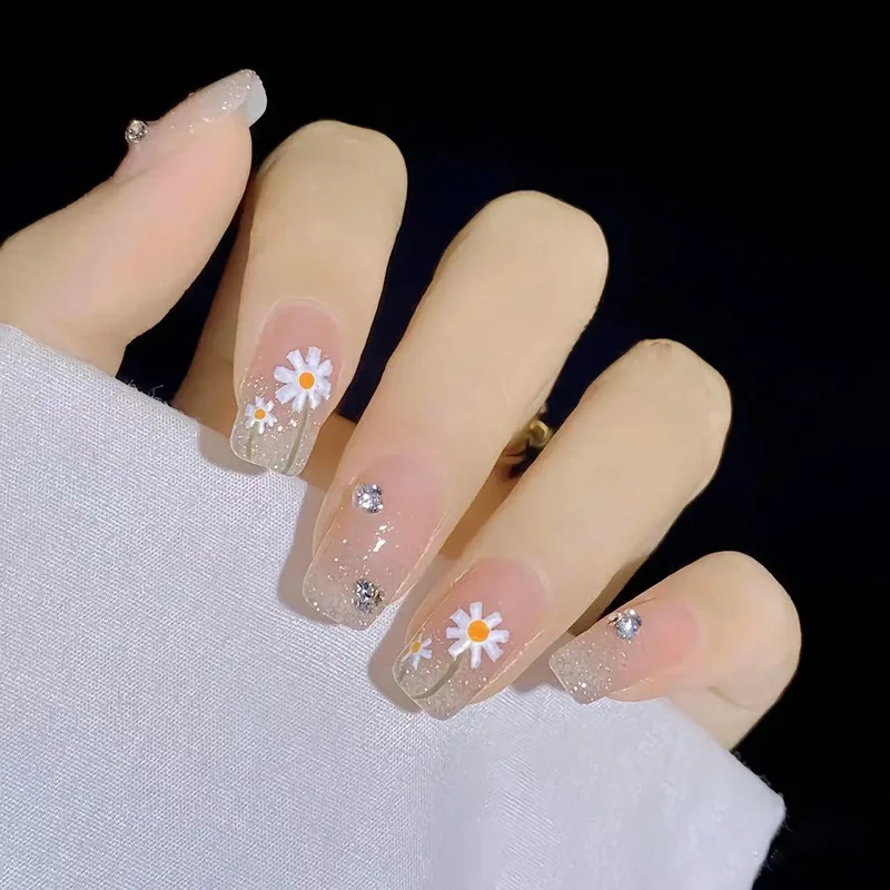 

24Pcs Mid-length Square Head Fake Nail with Flower Shiny Powder Press on False Nails Rhinestone Detachable Full Cover Nails Tips