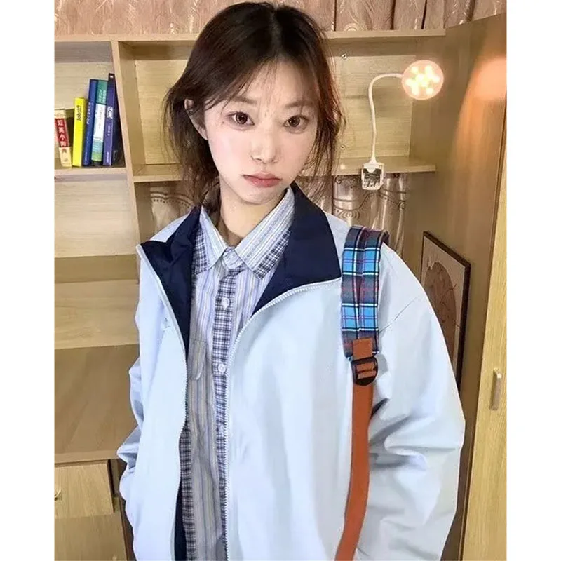 Korean Women Double Sided Outerwear Female Fashion Casual Patchwork Top Coat Spring Autumn Lady Long Sleeves Stormtrooper