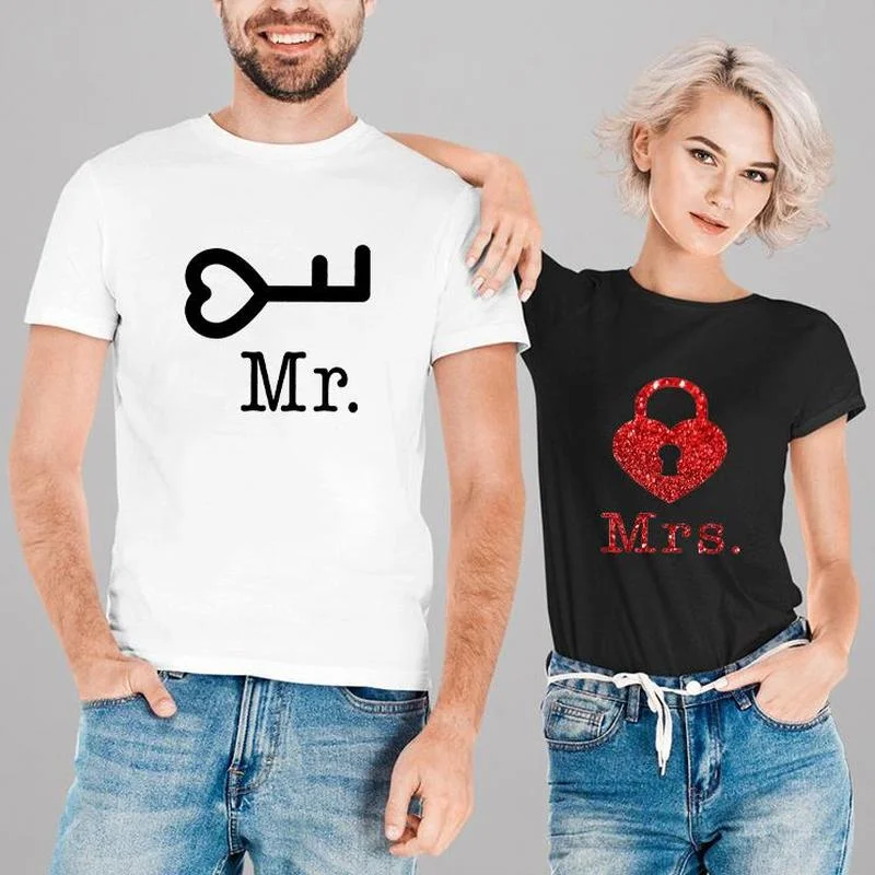 

MR MRS Lock Key Print Couple T Shirt Short Sleeve O Neck Loose King Queen Tshirt Fashion Lovers Tee Shirt Tops Clothes