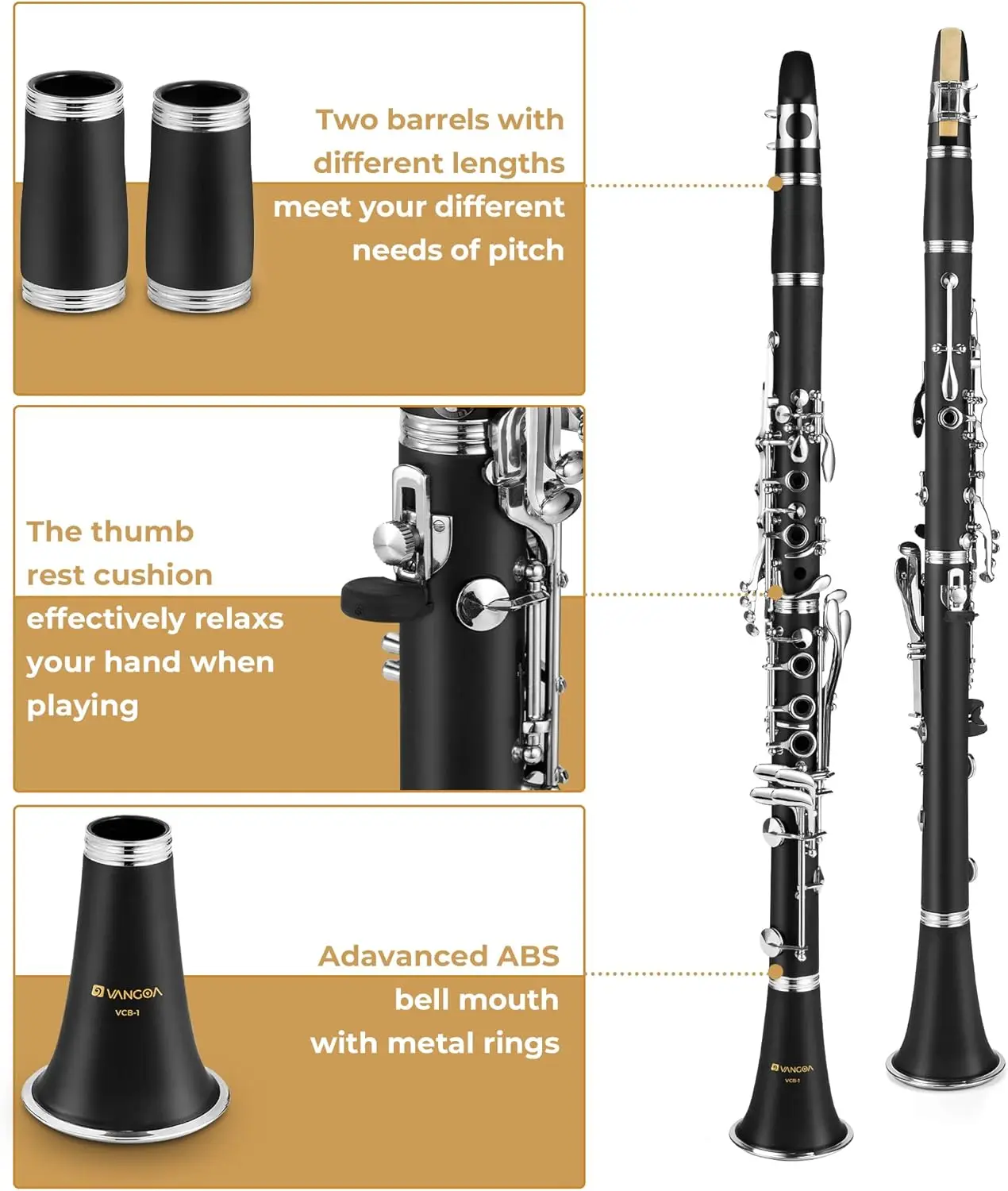 Bb Clarinet Beginner Student Kit with Hard Case, Stand, Cleaning Tools for School Band Orchestra