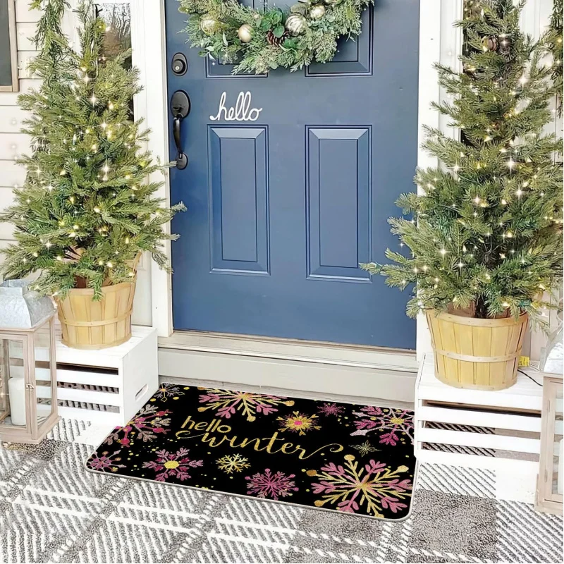 2025 New Year Winter Snowflake Door Mat Gold Pink Christmas Indoor and Outdoor Mat Decoration 61X90cm