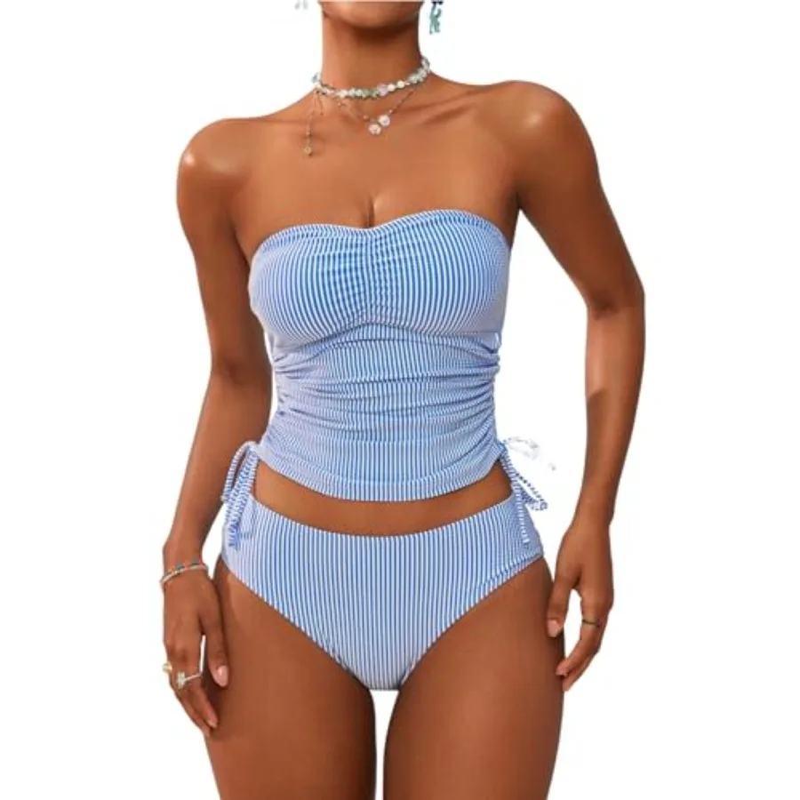 

ZAFUL Women's Bandeau Tankini Swimsuit Asymmetrical Slit Bowknot String High Cut Fairyland Cheeky Bathing Suit