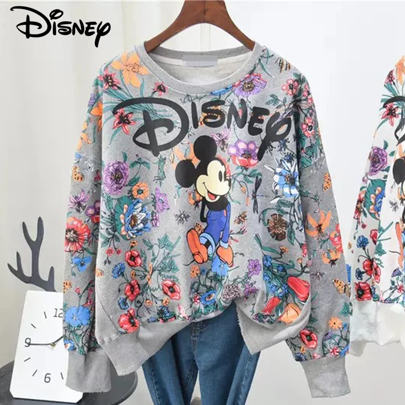 Disney Năm 2022 Mới Xuất Hiện Thời Trang Thu Đông Cotton Ngắn Cổ Tròn Ins Cặp Đôi Giày Hoạt Hình Chuột Mickey In Dài Tay Áo