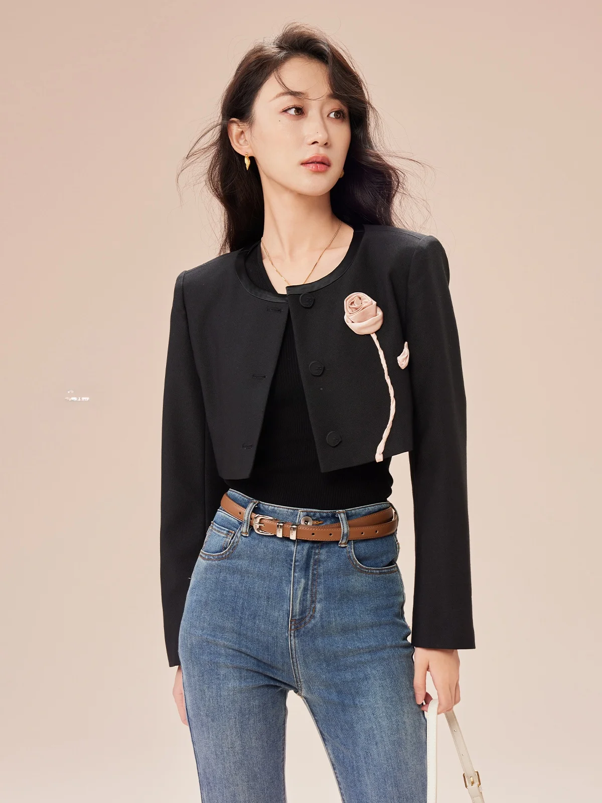 

Ele Faionable Exquisite Woolen Hand-sewn 3D Flower ort Coat Dragon Happin Brand Commute Sle round Ne Coat