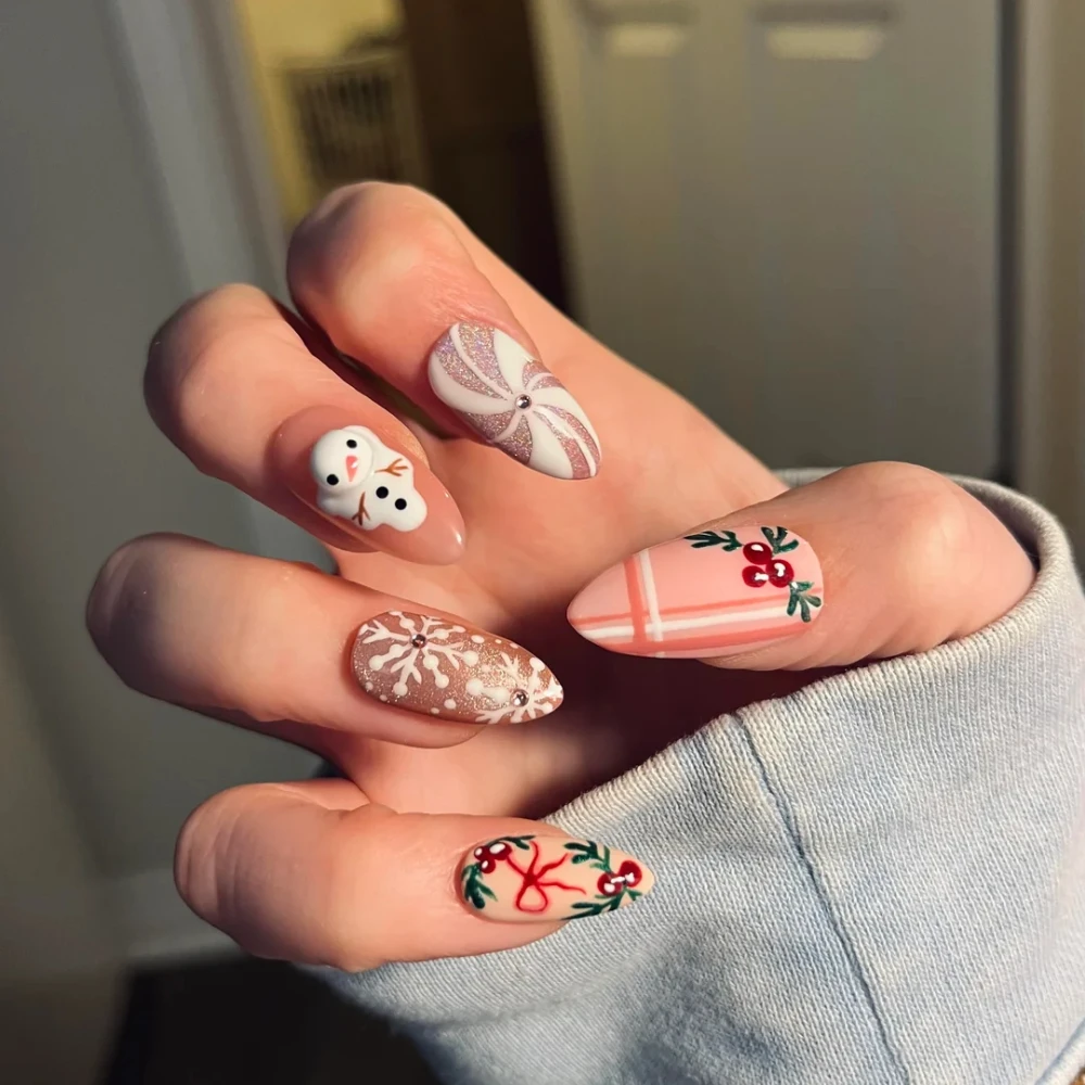 10 قطعة عيد الميلاد الصحافة على الأظافر اليدوية اللوز الأظافر وهمية اللوحة لطيف الثلج تصميم الأظافر كاذبة قابلة لإعادة الاستخدام الأظافر مجموعة للنساء #3