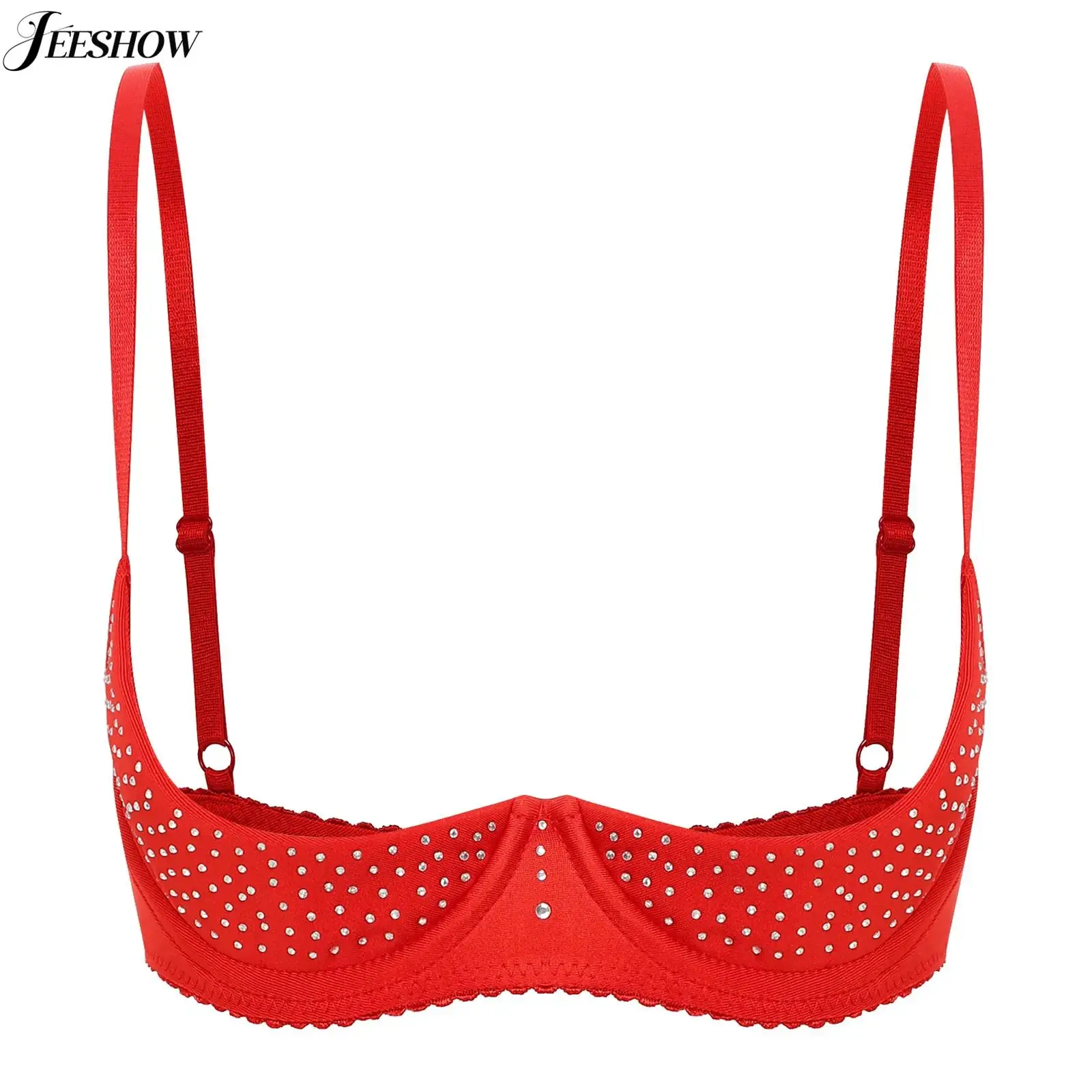 

Womens Sparkly Rhinestone Half Cups Bra Spaghetti Straps Underwired Push Up Demi Cup Brassiere Sexy Lingerie Balconette Bras