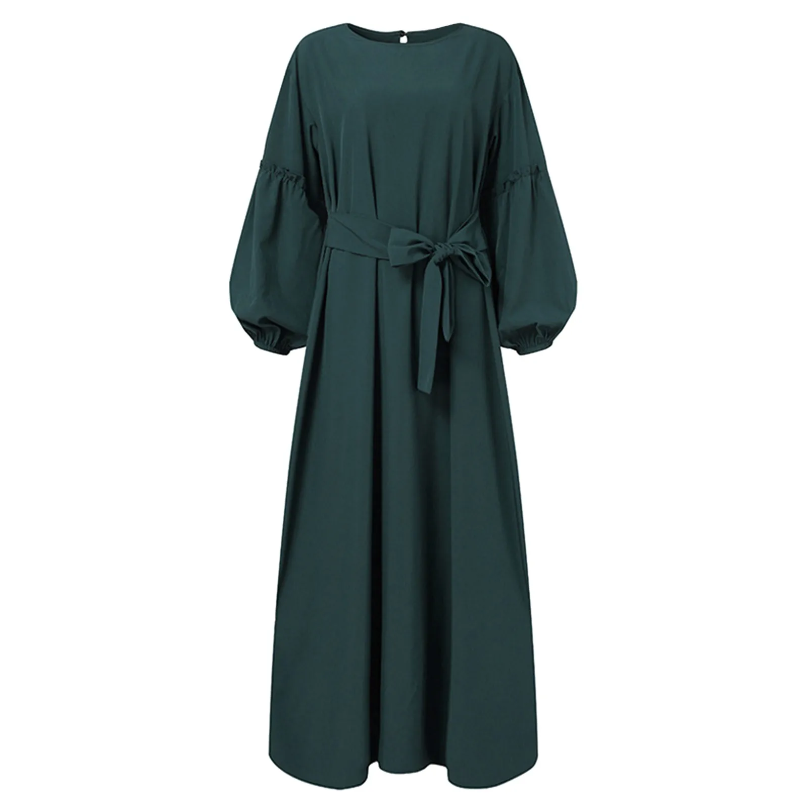 Prayer Clothes Women\'s Muslim Solid Color Long Sleeved Round Neck Ruffle Dresses Ramadan Abayas For Women Dubai Modest Robe