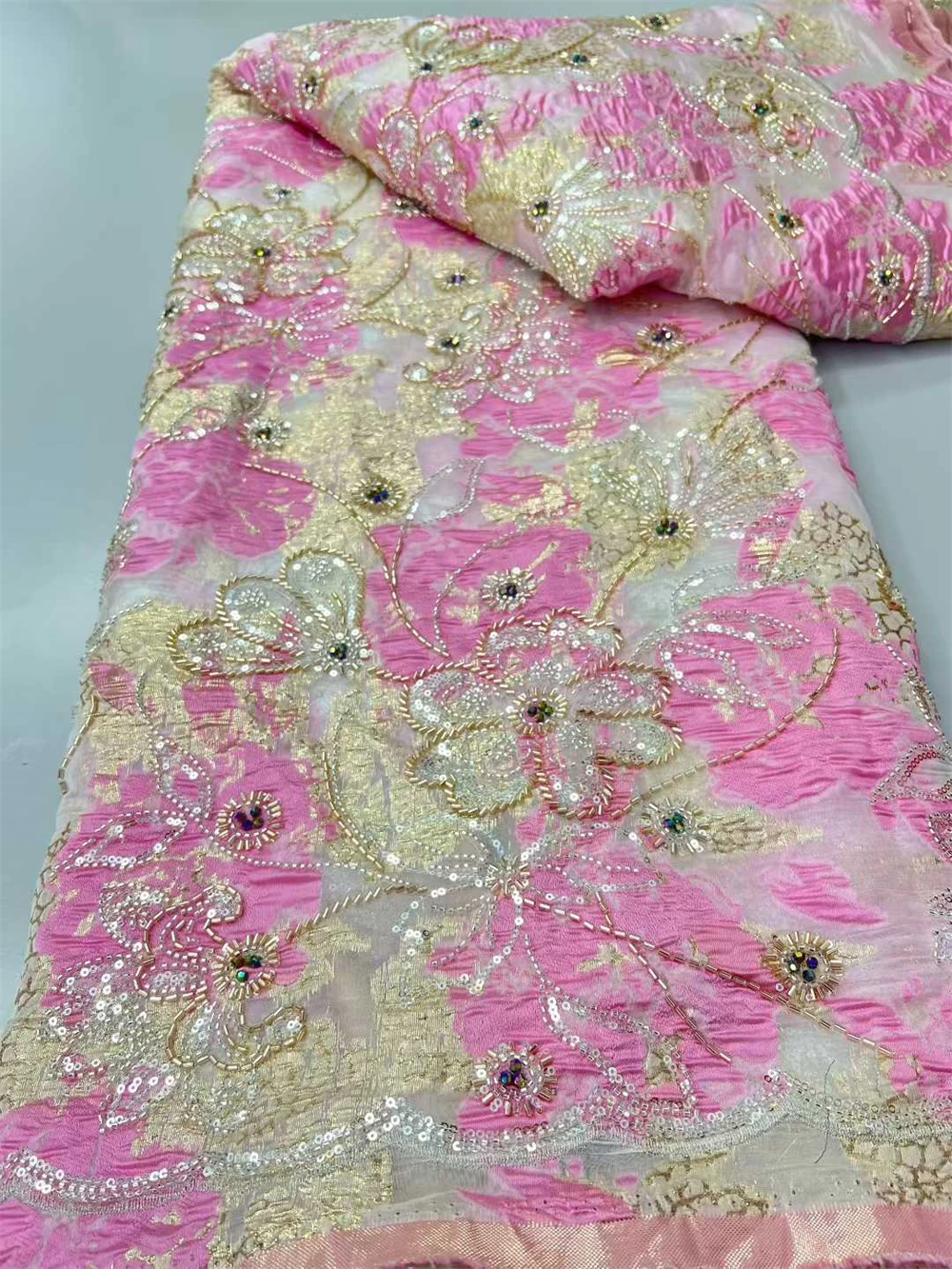 

Bead Sequins Nigerian Big Flowe Brocade Jacquard Lace Fabric Pure African 5Yards Fashion Embroidered For Women Sewing Prom Dress