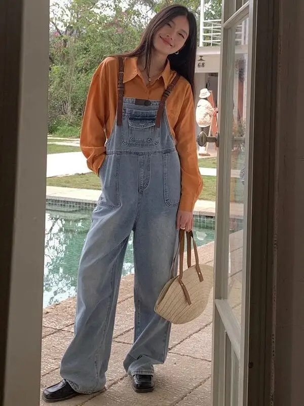 

Vintage Large Size Color Blo Denim Overalls Women's Spring Autumn New Sle Fro for Plump Sister Age Reduction Elegance