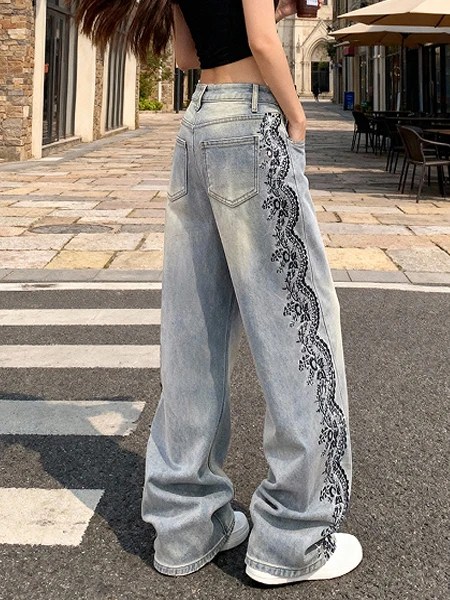 

Ретро-джинсы с вышивкой, высокой талией, широкими штанинами, декором из бусин по бокам, универсальные, прямого кроя, весна 2026, новинка